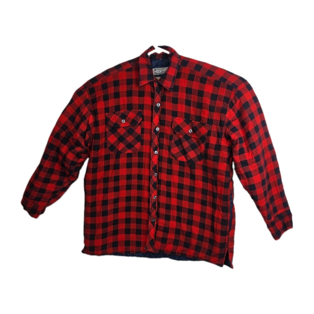 Vintage Open Trails Quilted Flannel Shacket Mens L Red Black Buffalo Plaid